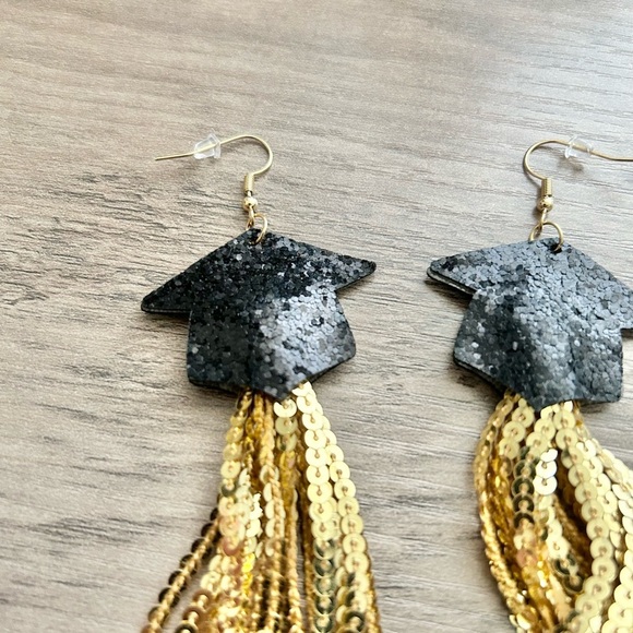Graduation Cap Sequin Gold and Black Tassel Earrings-NEW! - Picture 5 of 6